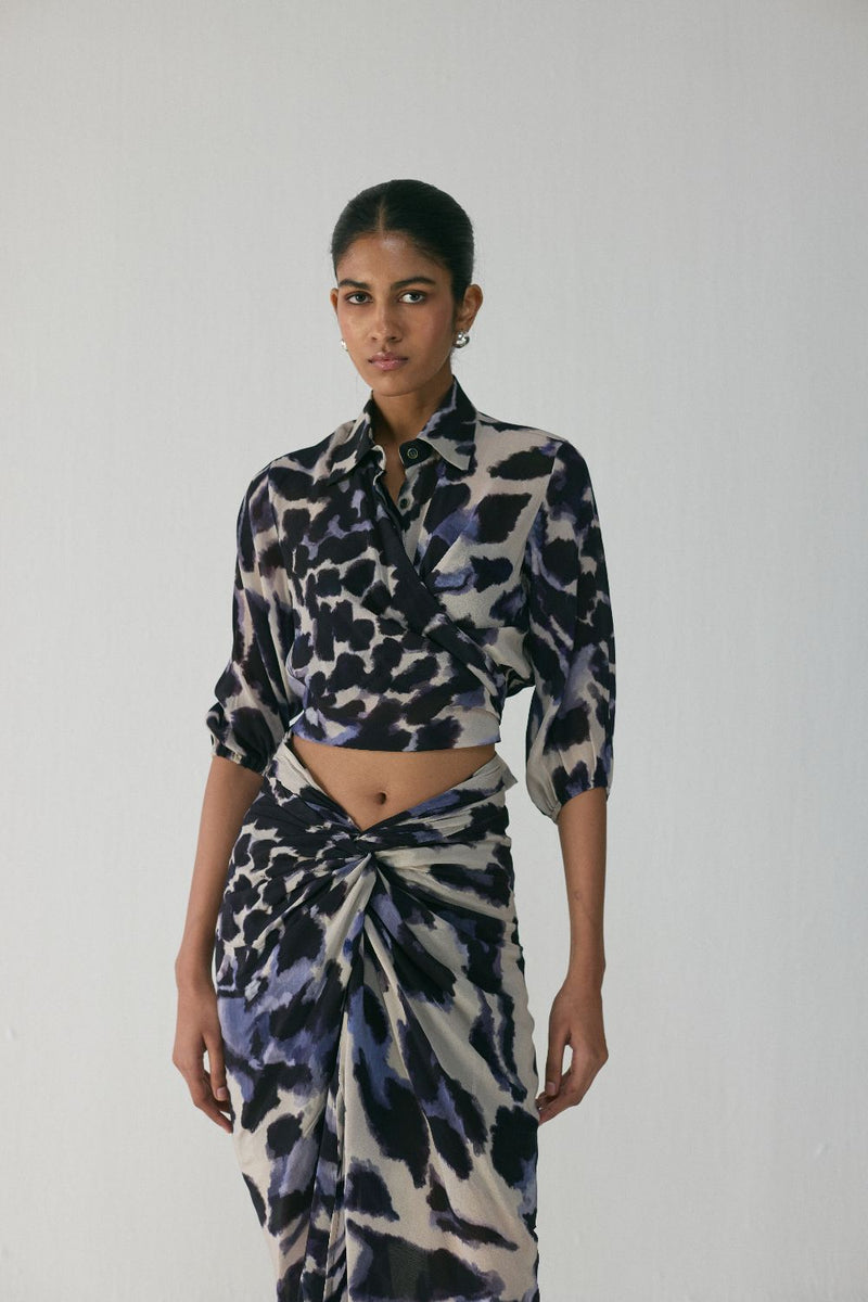 SAMBURU TIE UP TOP AND SKIRT SET by Yam in blue color for women in Singapore