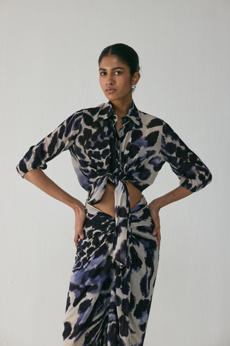 SAMBURU TIE UP TOP AND SKIRT SET by Yam in blue color for women in Singapore