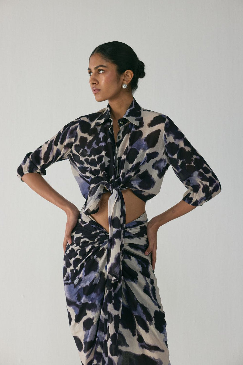 SAMBURU TIE UP TOP AND SKIRT SET by Yam in blue color for women in Singapore