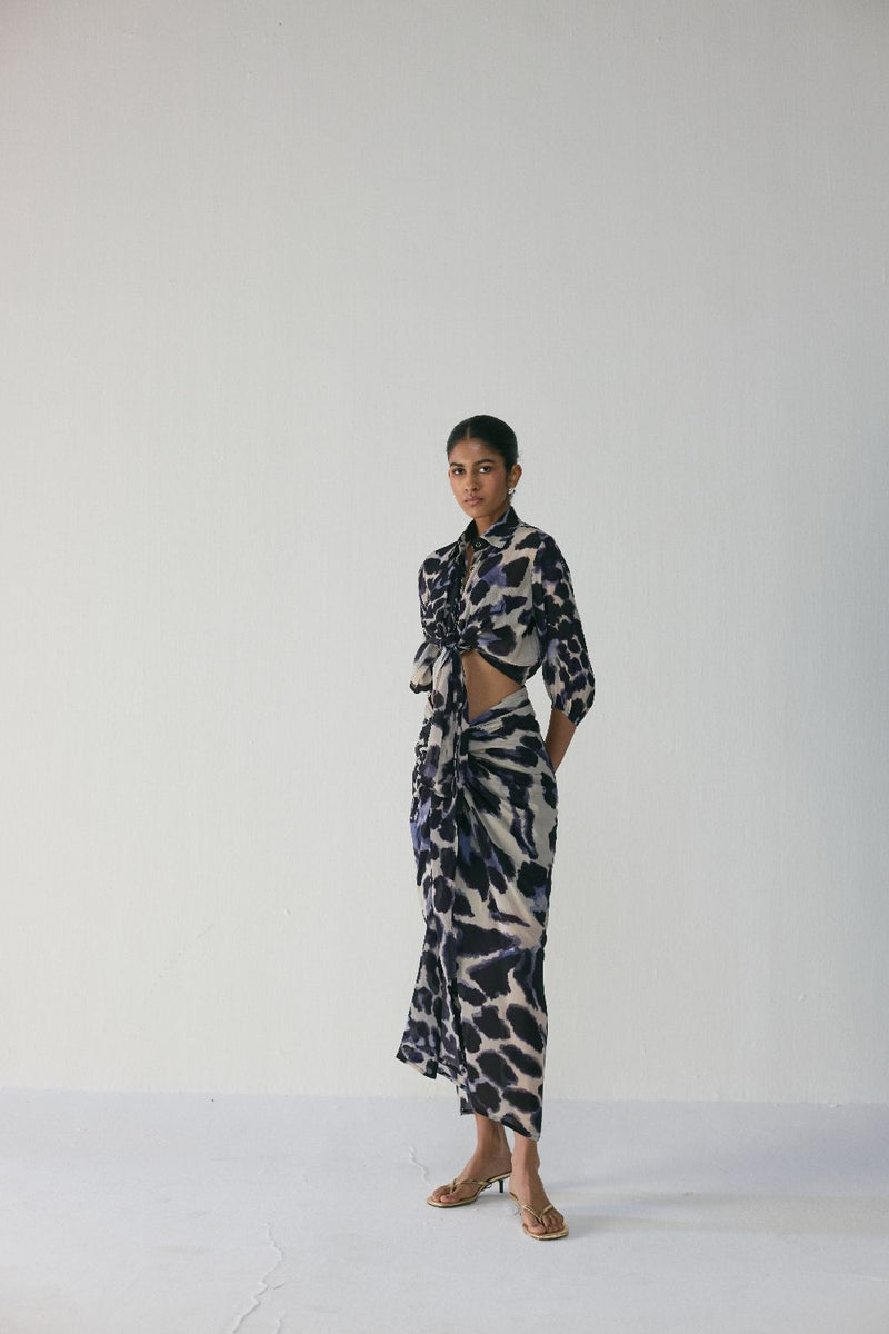 SAMBURU TIE UP TOP AND SKIRT SET by Yam in blue color for women in Singapore