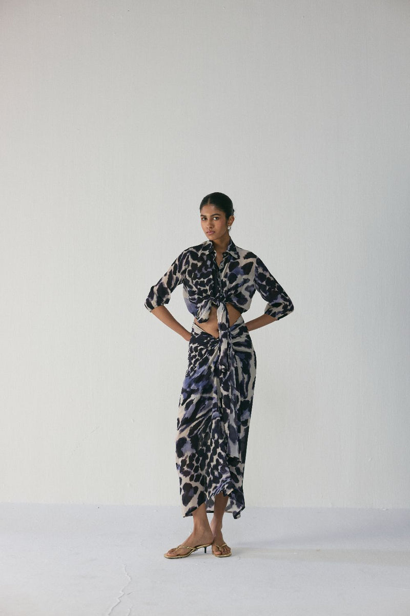 SAMBURU TIE UP TOP AND SKIRT SET by Yam in blue color for women in Singapore