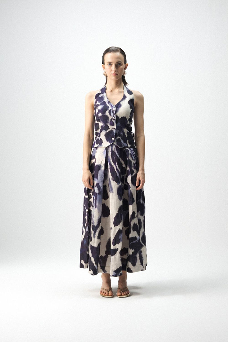 SAMBURU HALTERNECK WAITCOAT & SKIRT SET linen by Yam in blue color for women in Singapore