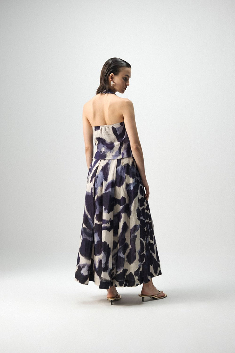 SAMBURU HALTERNECK WAITCOAT & SKIRT SET linen by Yam in blue color for women in Singapore