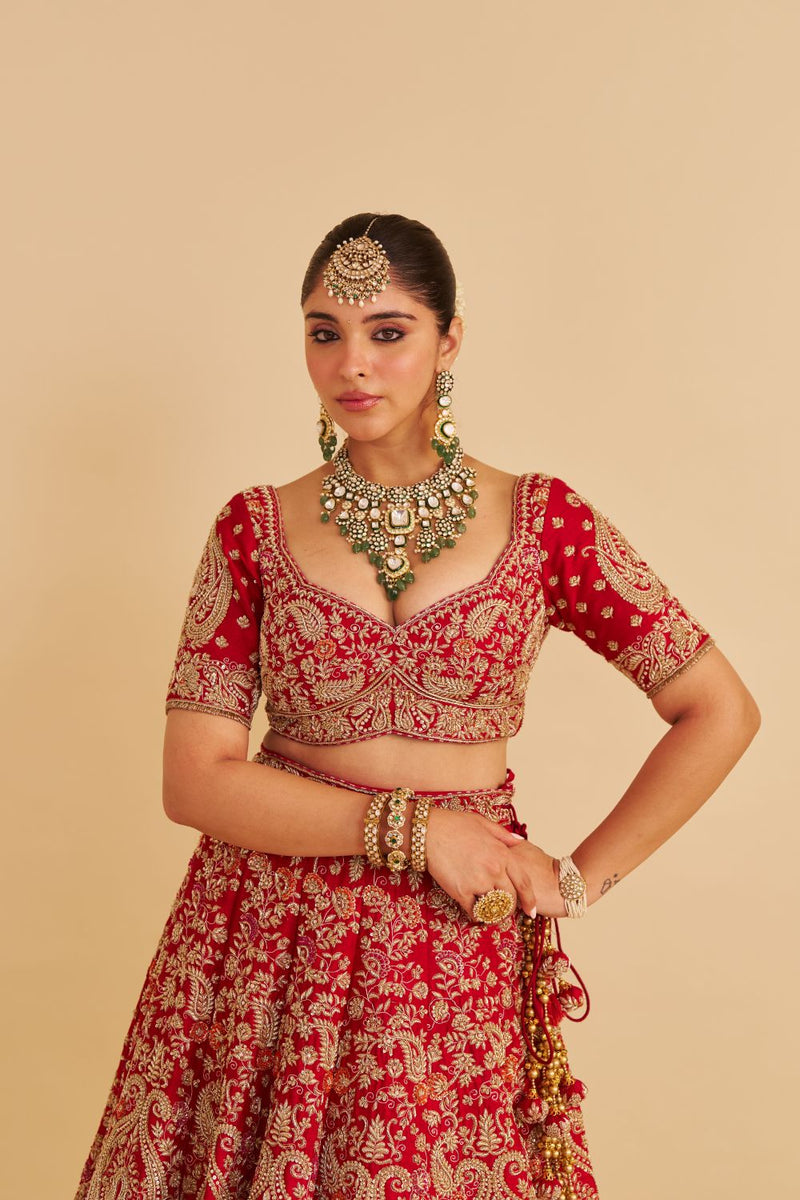 Sanaa - Dabka Zardozi Embroidered Raw Silk Red Bridal Lehenga Set silk by SHEETAL BATRA in red color for women in Singapore