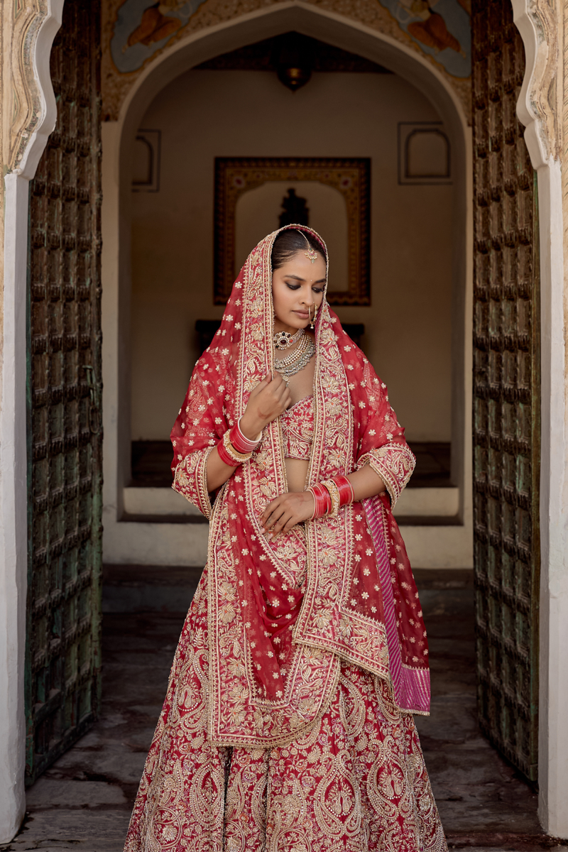 Sanaa - Dabka Zardozi Embroidered Raw Silk Red Bridal Lehenga Set silk by SHEETAL BATRA in red color for women in Singapore