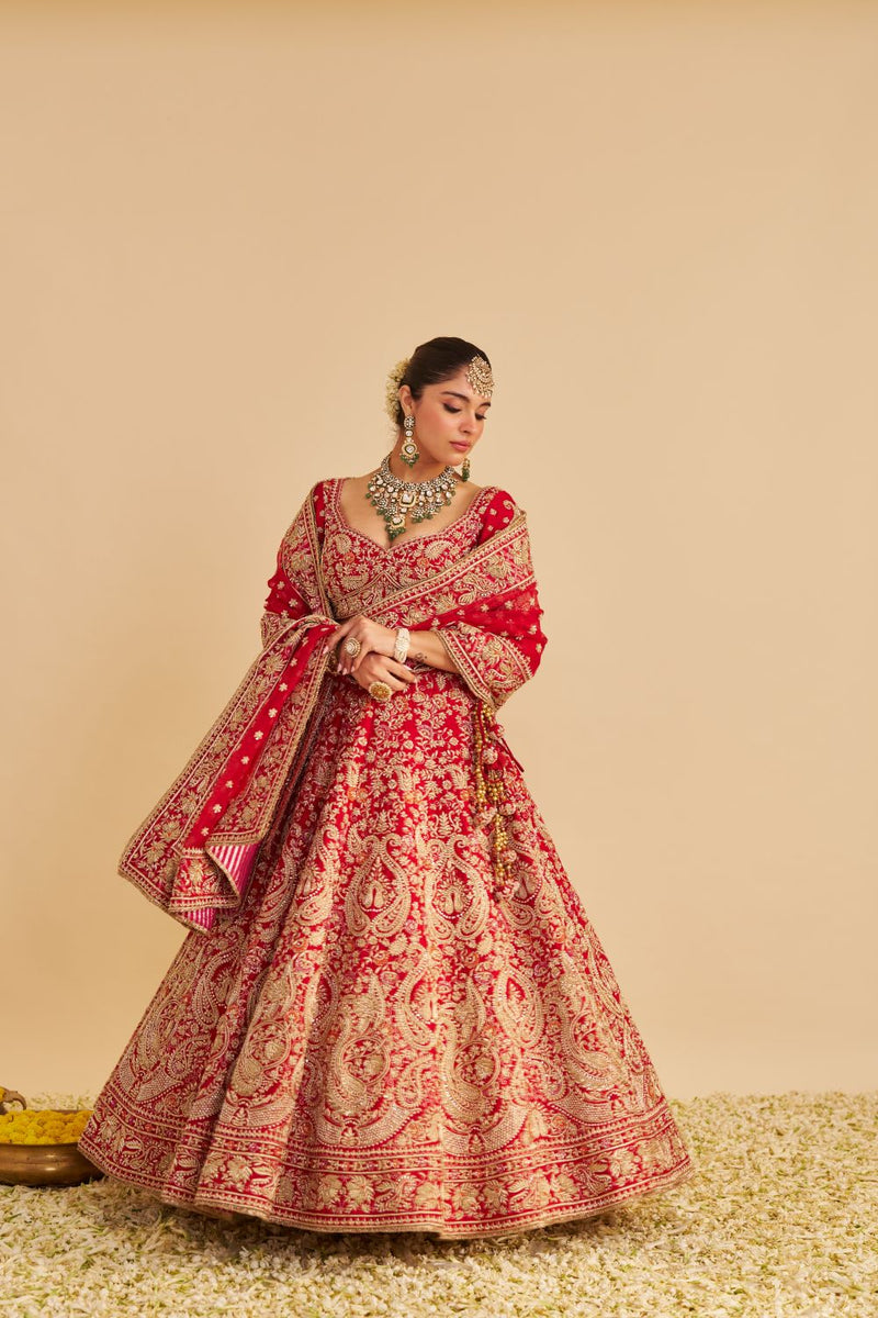 Sanaa - Dabka Zardozi Embroidered Raw Silk Red Bridal Lehenga Set silk by SHEETAL BATRA in red color for women in Singapore