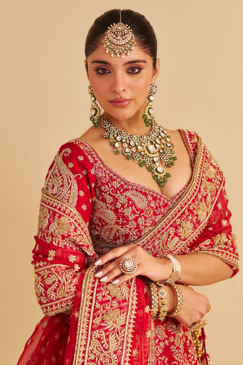 Sanaa - Dabka Zardozi Embroidered Raw Silk Red Bridal Lehenga Set silk by SHEETAL BATRA in red color for women in Singapore