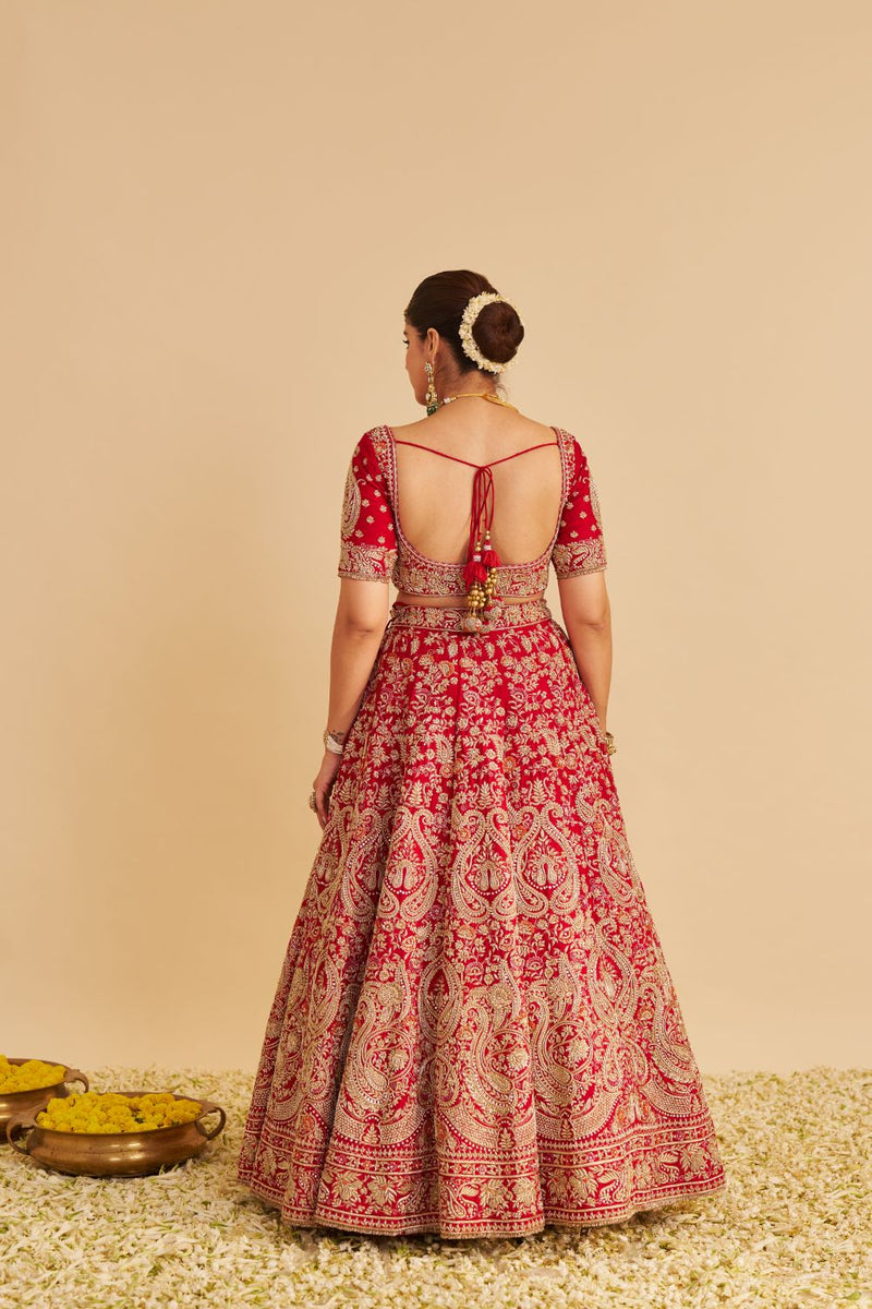 Sanaa - Dabka Zardozi Embroidered Raw Silk Red Bridal Lehenga Set silk by SHEETAL BATRA in red color for women in Singapore
