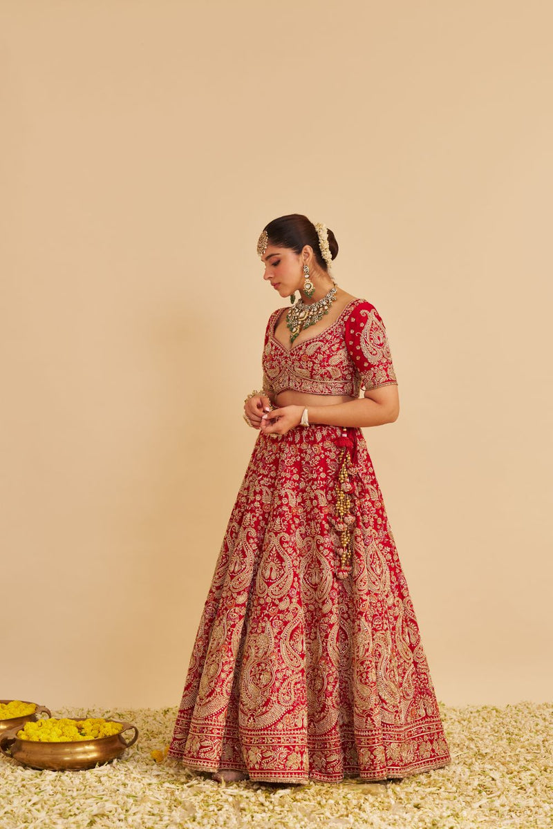 Sanaa - Dabka Zardozi Embroidered Raw Silk Red Bridal Lehenga Set silk by SHEETAL BATRA in red color for women in Singapore