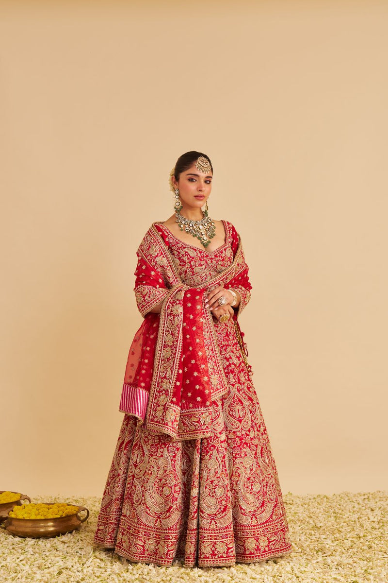 Sanaa - Dabka Zardozi Embroidered Raw Silk Red Bridal Lehenga Set silk by SHEETAL BATRA in red color for women in Singapore
