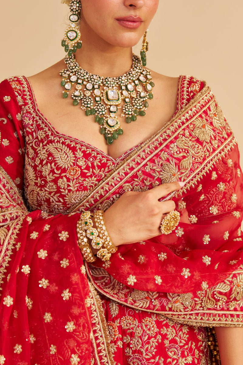 Sanaa - Dabka Zardozi Embroidered Raw Silk Red Bridal Lehenga Set silk by SHEETAL BATRA in red color for women in Singapore