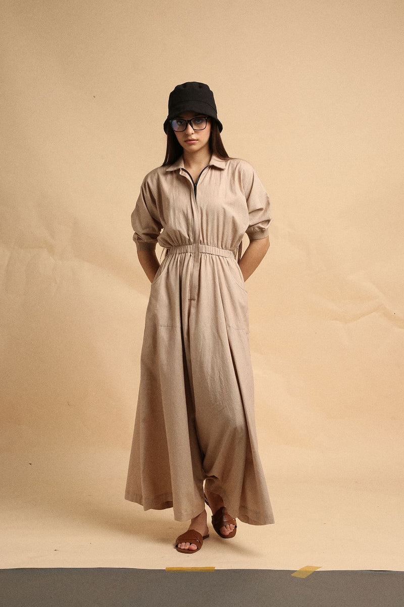 Sand Collar Sphara Jumpsuit 100% cotton by Mati in sand color for women in Singapore