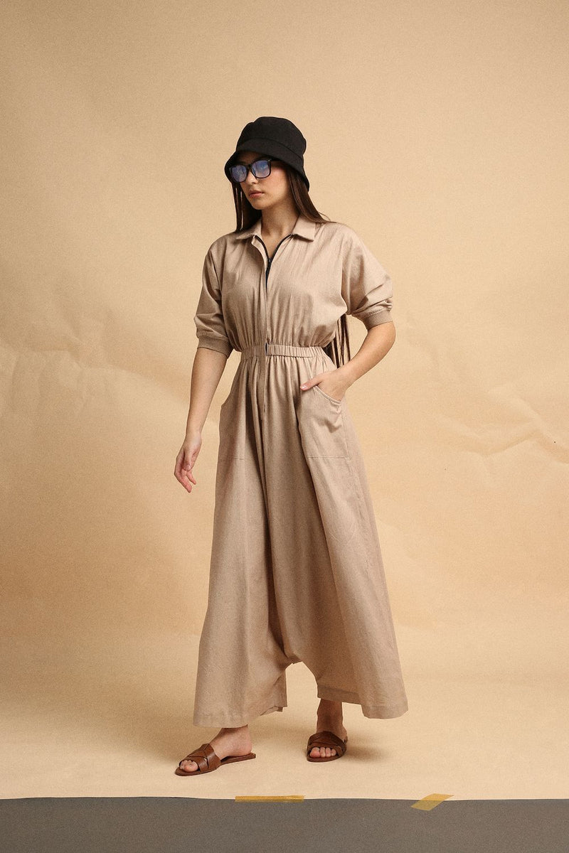Sand Collar Sphara Jumpsuit 100% cotton by Mati in sand color for women in Singapore