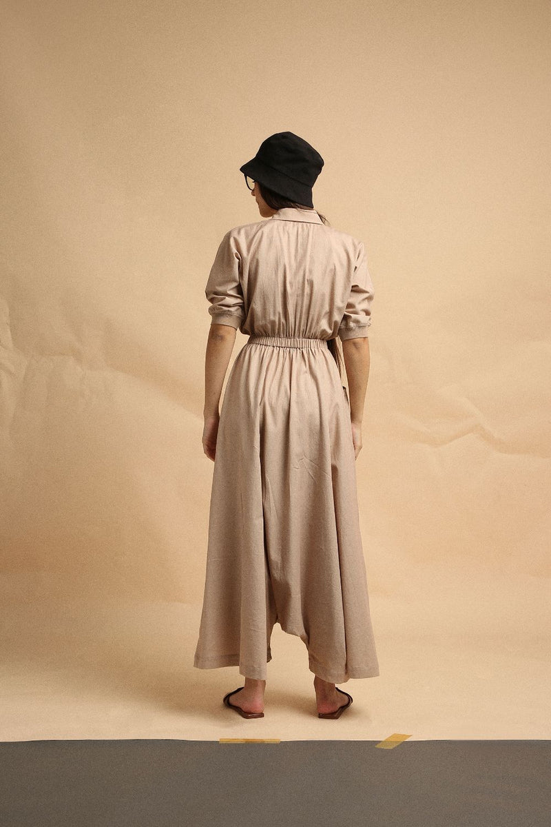 Sand Collar Sphara Jumpsuit 100% cotton by Mati in sand color for women in Singapore