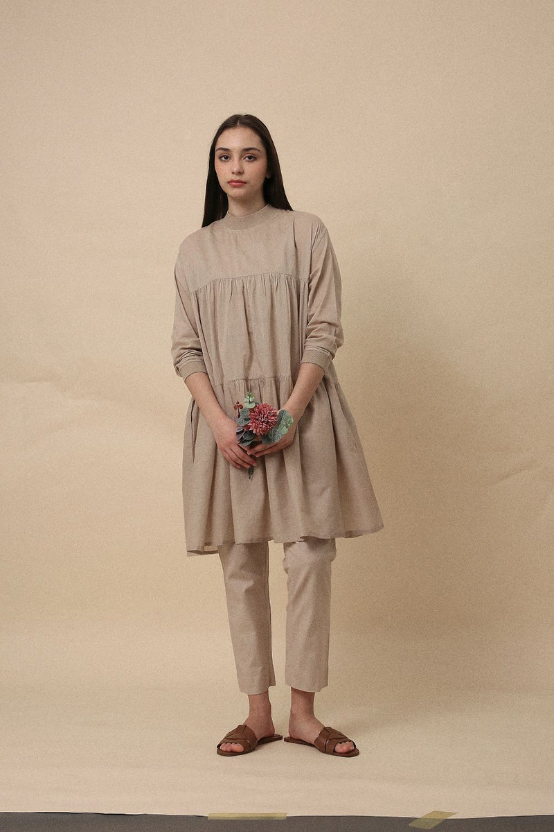 Sand Mul Rib Vena Co-Ord Set (2 PCS) 100% cotton by Mati in sand color for women in Singapore