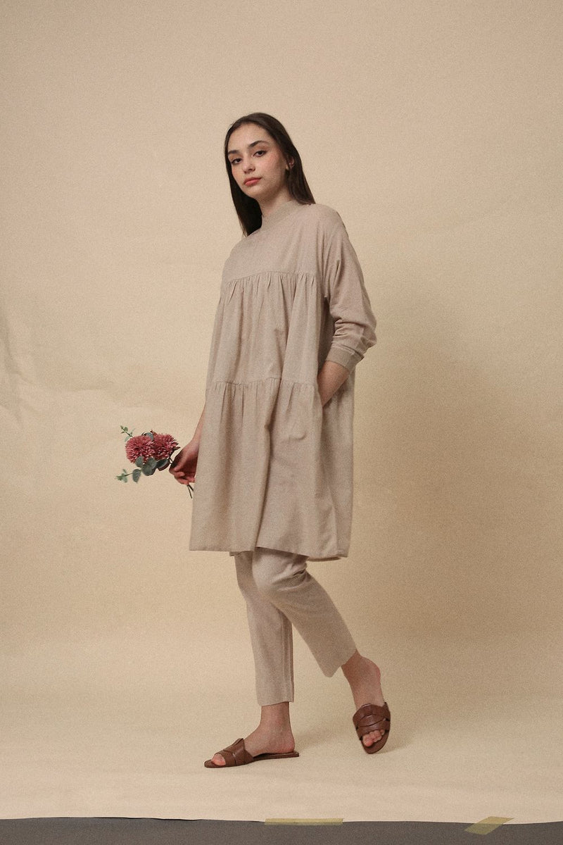Sand Mul Rib Vena Co-Ord Set (2 PCS) 100% cotton by Mati in sand color for women in Singapore