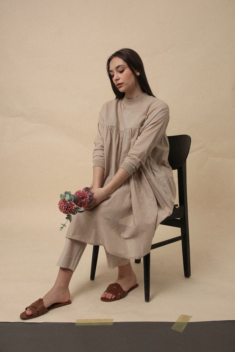 Sand Mul Rib Vena Co-Ord Set (2 PCS) 100% cotton by Mati in sand color for women in Singapore