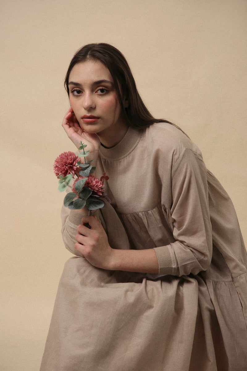 Sand Mul Rib Vena Co-Ord Set (2 PCS) 100% cotton by Mati in sand color for women in Singapore