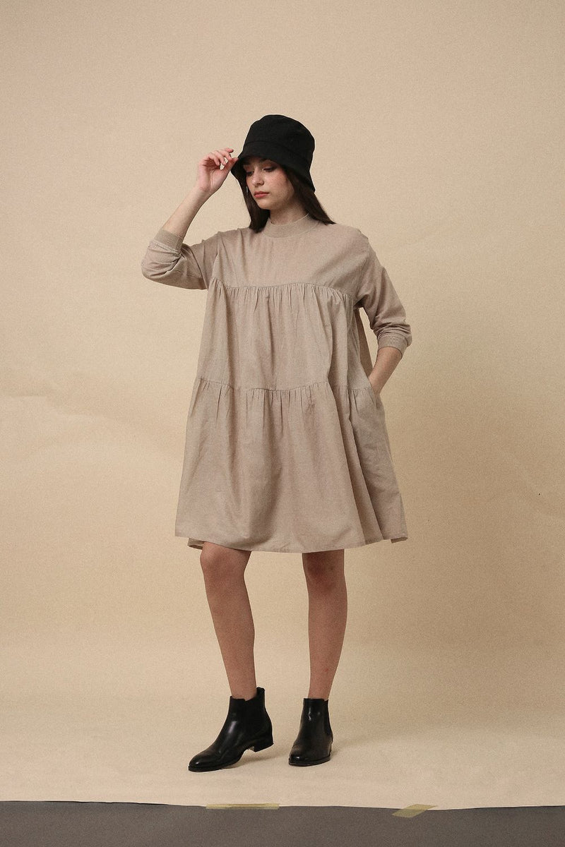 Sand Mul Rib Vena Dress 100% cotton by Mati in sand color for women in Singapore