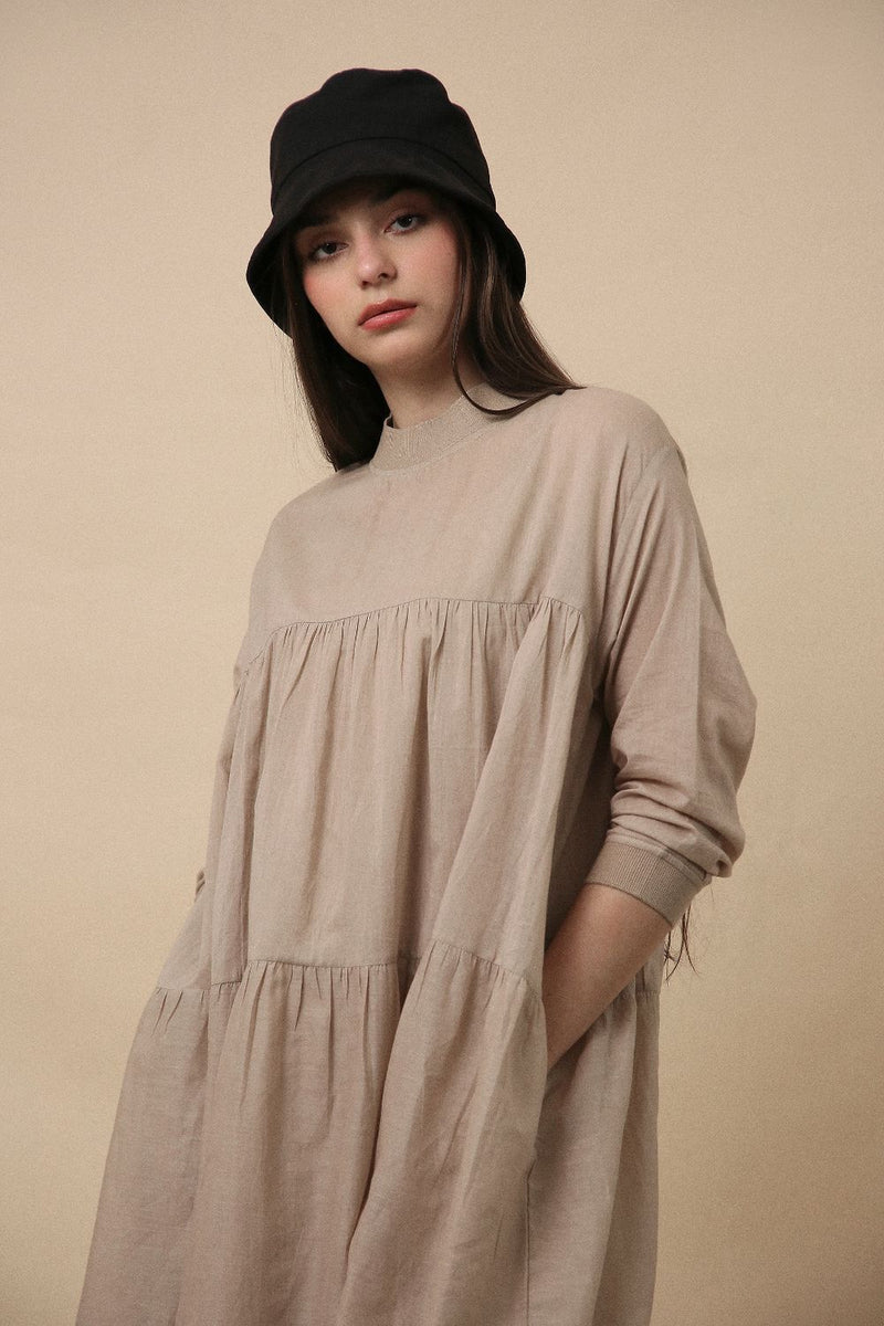 Sand Mul Rib Vena Dress 100% cotton by Mati in sand color for women in Singapore