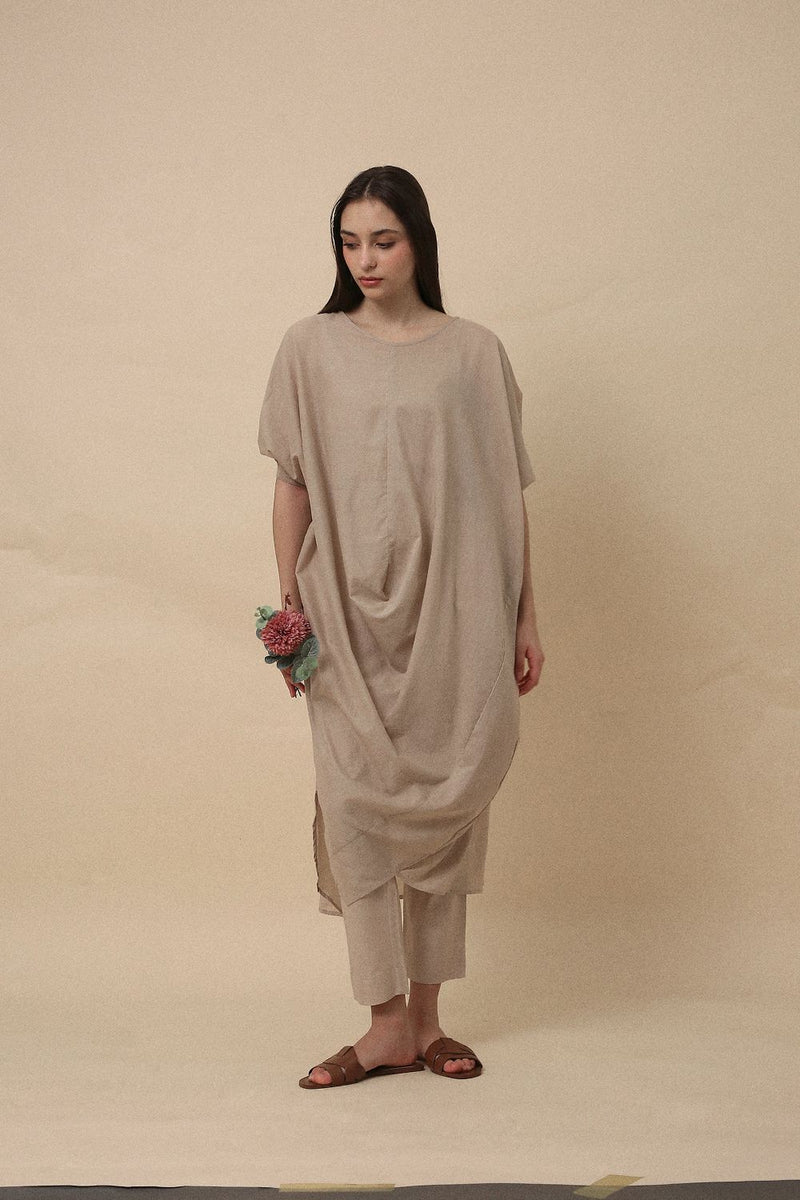 Sand Rib Mul Cowl Tunic Co-Ord Set (2 PCS) 100% cotton by Mati in sand color for women in Singapore