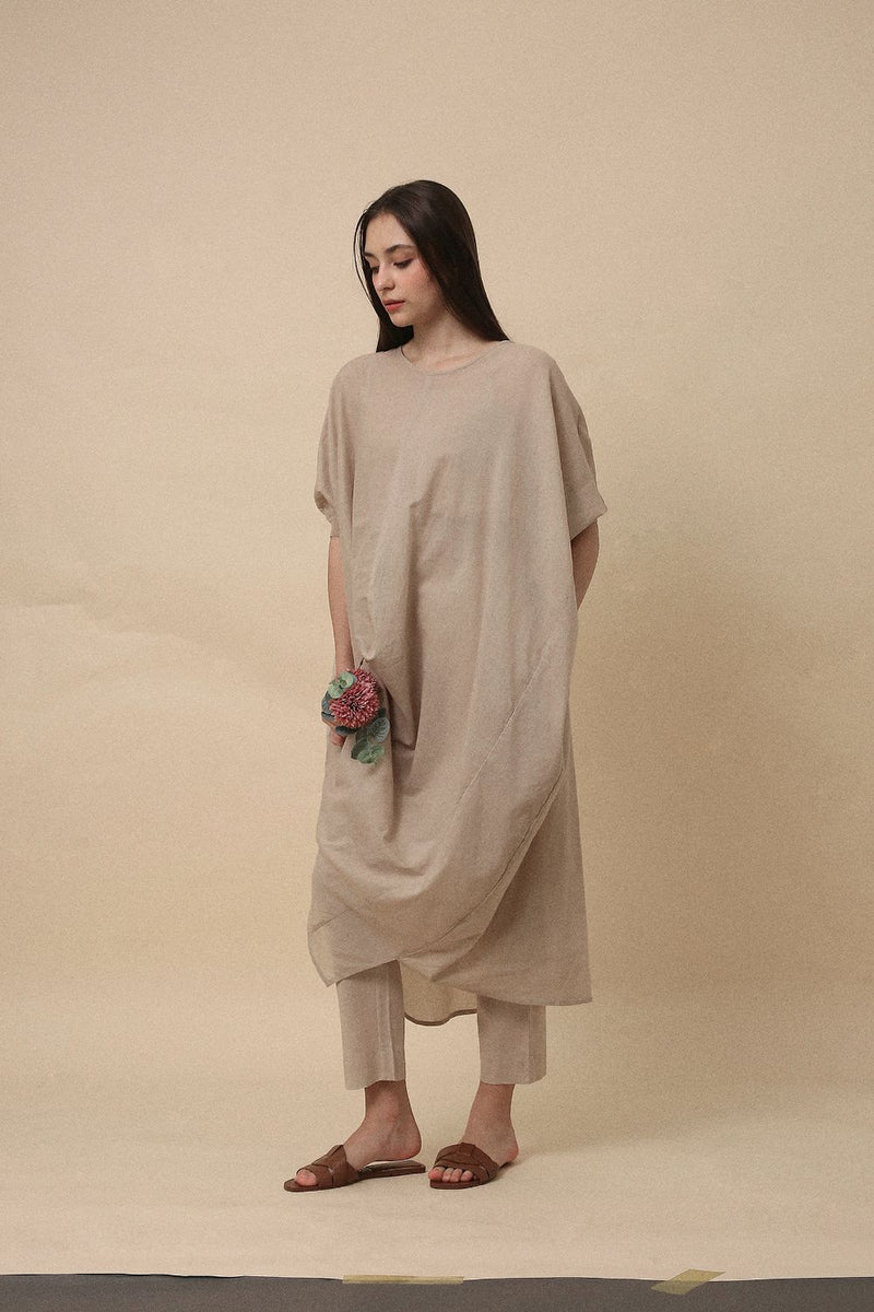 Sand Rib Mul Cowl Tunic Co-Ord Set (2 PCS) 100% cotton by Mati in sand color for women in Singapore