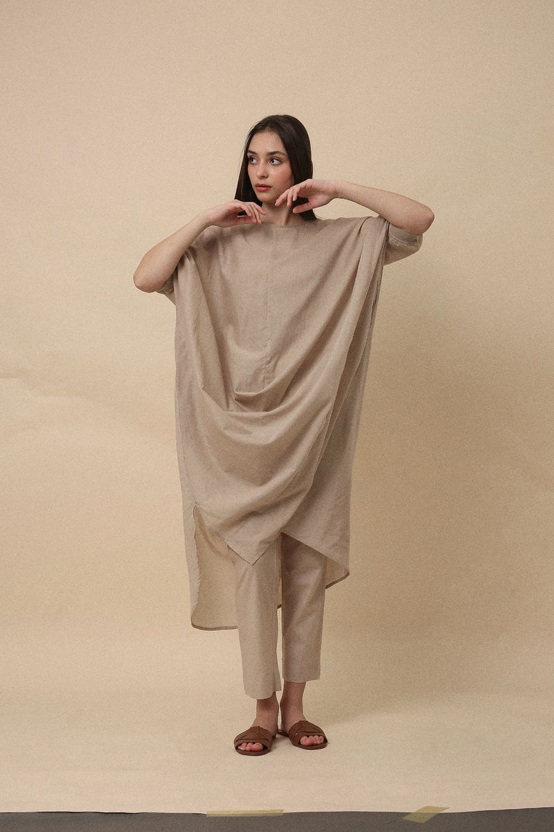 Sand Rib Mul Cowl Tunic Co-Ord Set (2 PCS) 100% cotton by Mati in sand color for women in Singapore