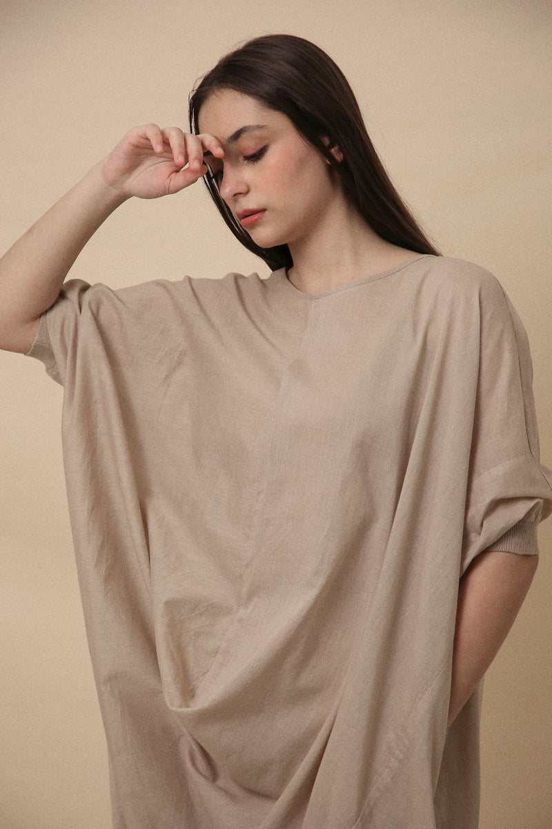 Sand Rib Mul Cowl Tunic Co-Ord Set (2 PCS) 100% cotton by Mati in sand color for women in Singapore