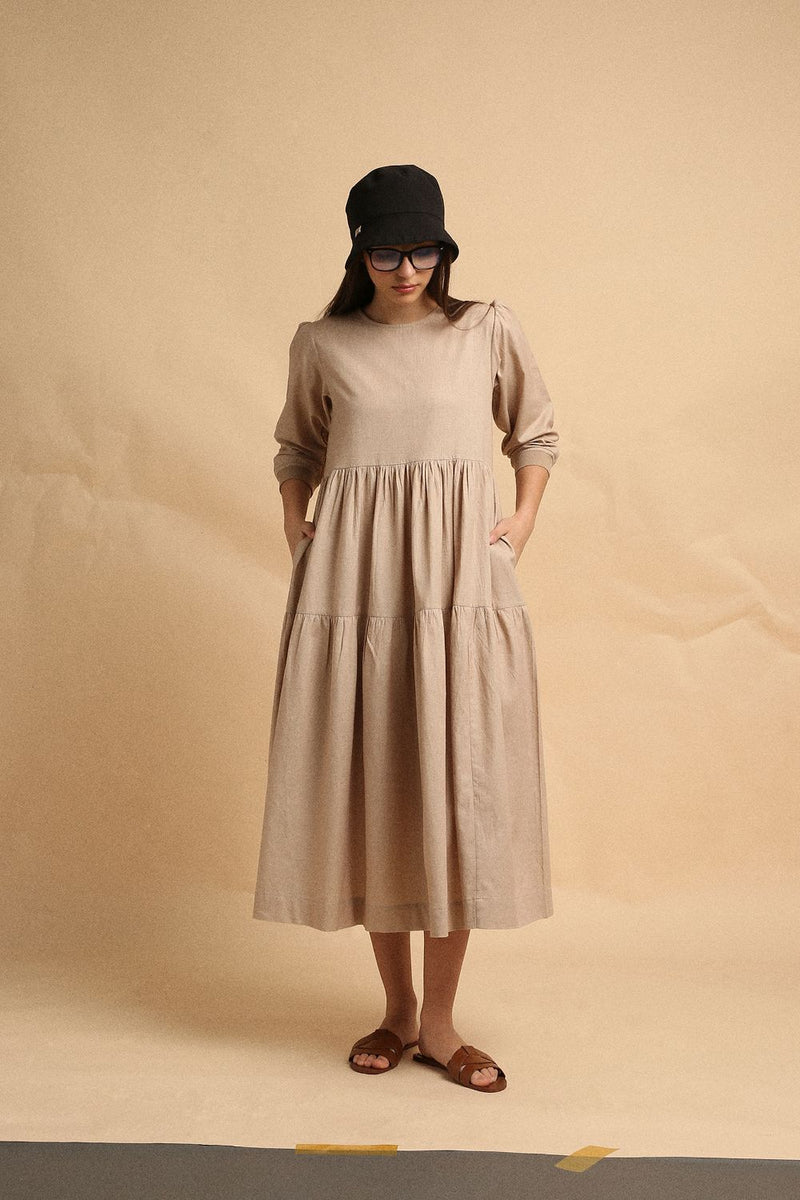 Sand Rib Vasara Dress 100% cotton by Mati in sand color for women in Singapore