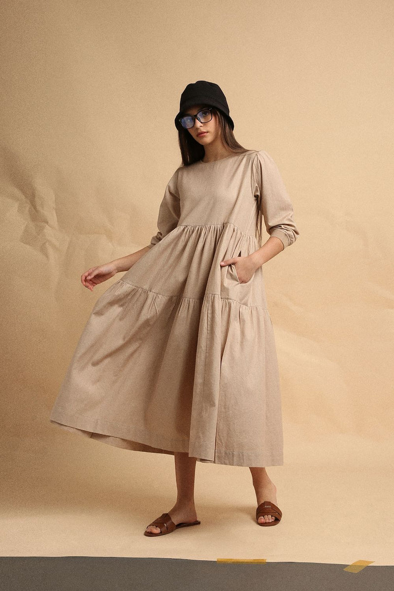 Sand Rib Vasara Dress 100% cotton by Mati in sand color for women in Singapore