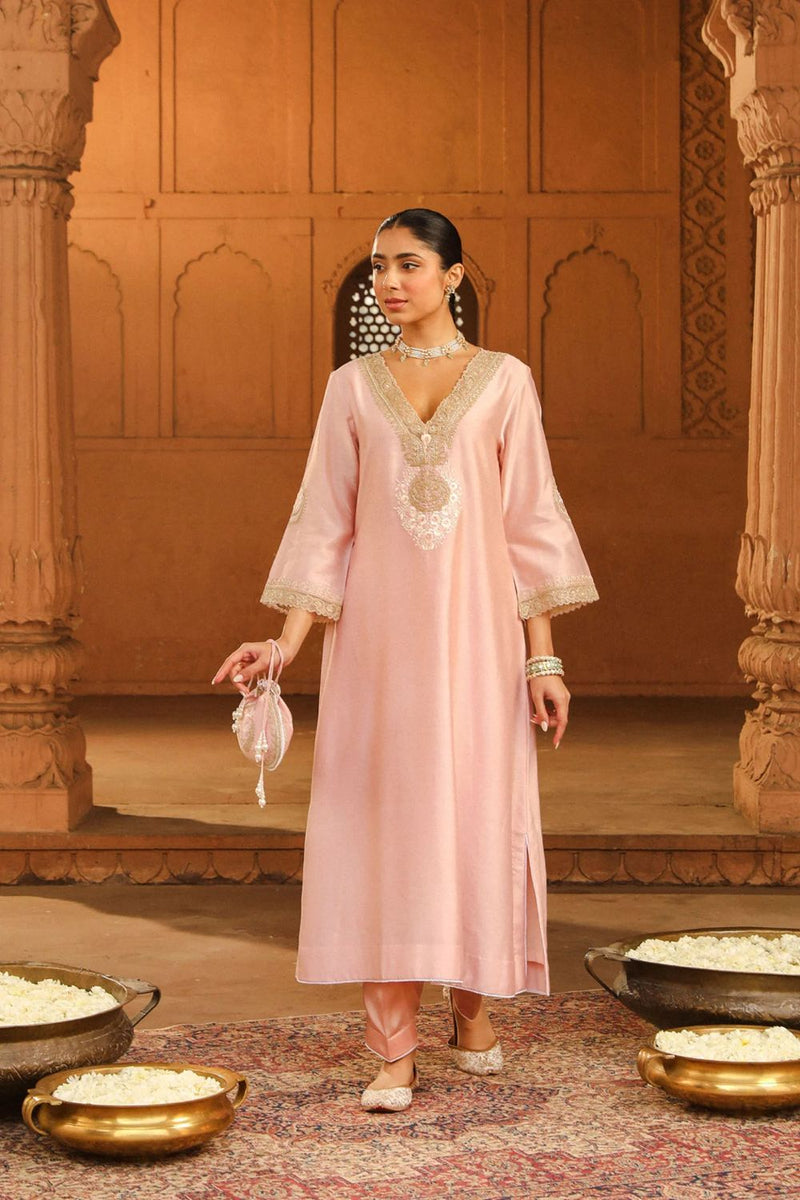Sanvi A-line chauga with salwar-Blush Pink silk by SHEETAL BATRA in blush color for women in Singapore