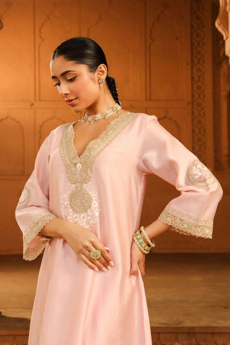 Sanvi A-line chauga with salwar-Blush Pink silk by SHEETAL BATRA in blush color for women in Singapore