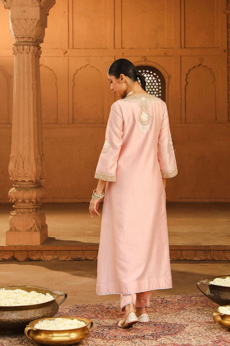 Sanvi A-line chauga with salwar-Blush Pink silk by SHEETAL BATRA in blush color for women in Singapore