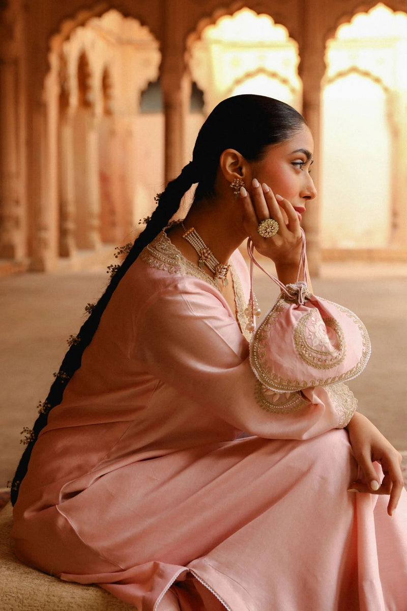 Sanvi A-line chauga with salwar-Blush Pink silk by SHEETAL BATRA in blush color for women in Singapore