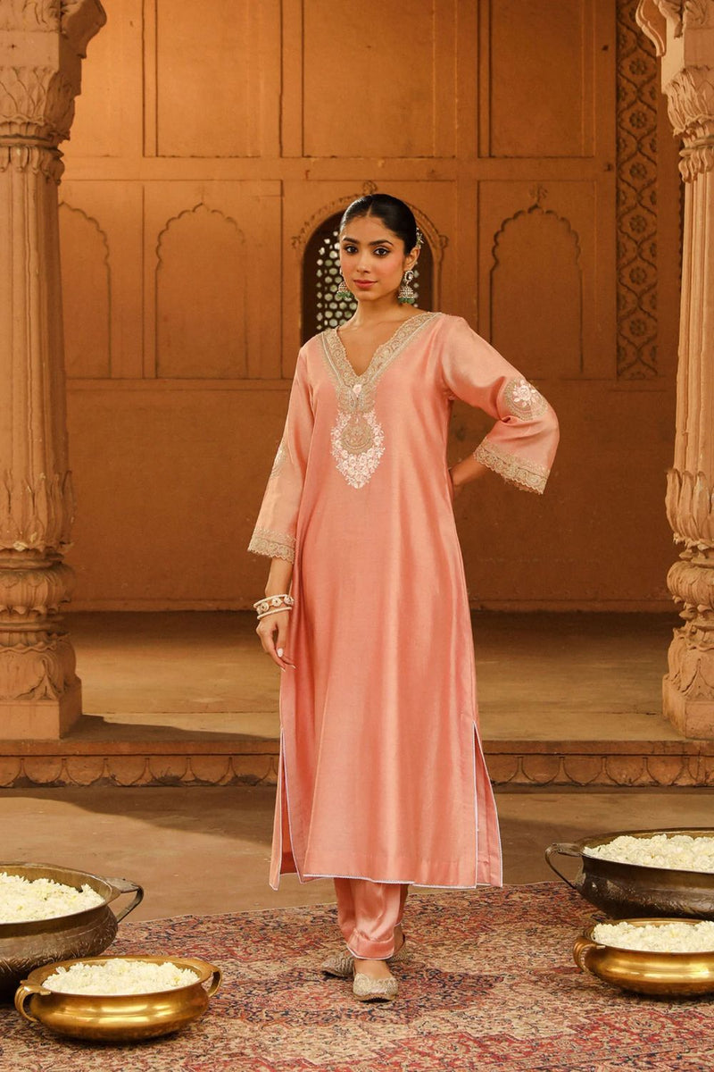 Sanvi A-line chauga with salwar-Off-Rose silk by SHEETAL BATRA in pink color for women in Singapore