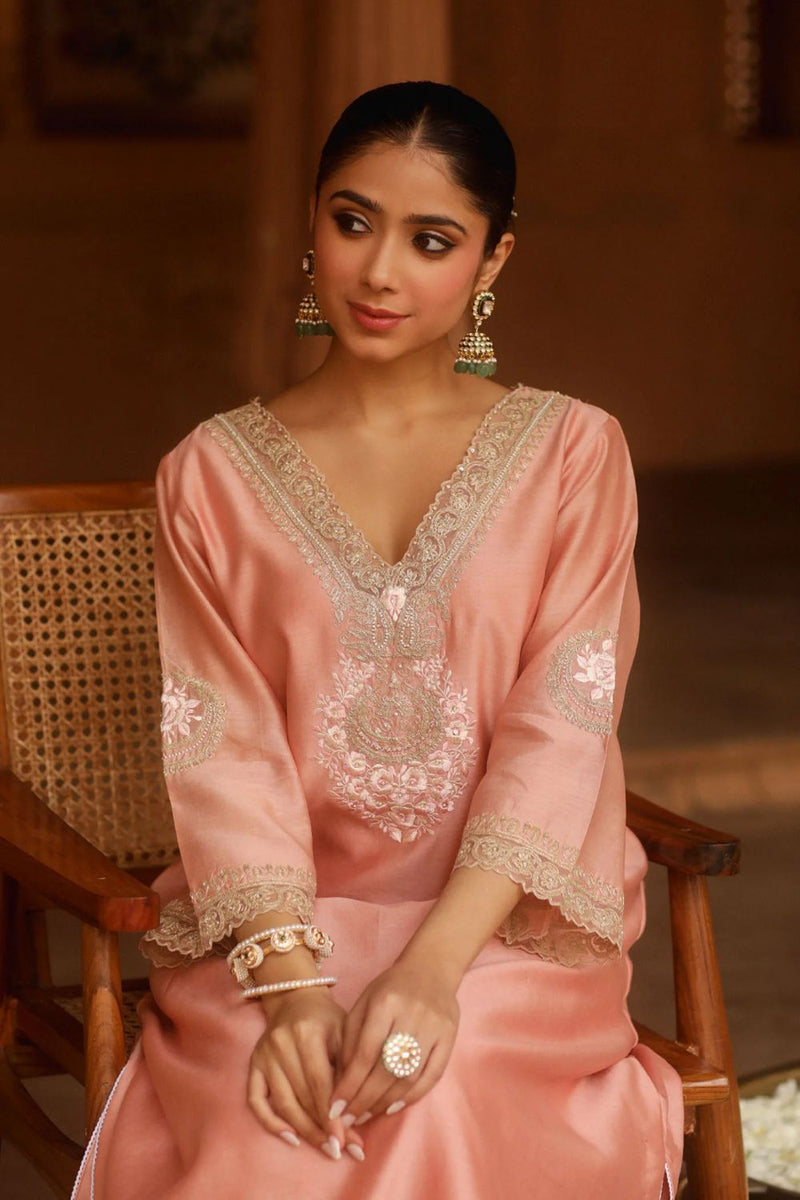 Sanvi A-line chauga with salwar-Off-Rose silk by SHEETAL BATRA in pink color for women in Singapore