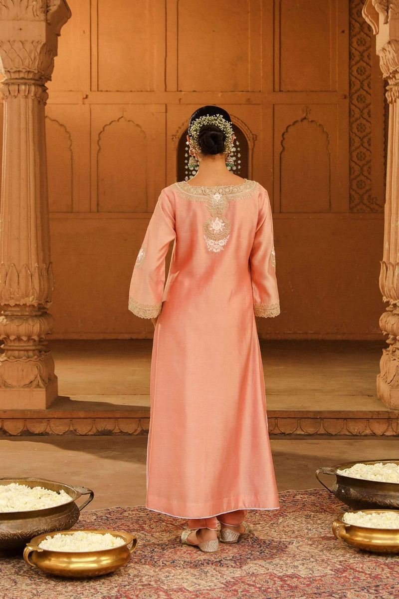 Sanvi A-line chauga with salwar-Off-Rose silk by SHEETAL BATRA in pink color for women in Singapore