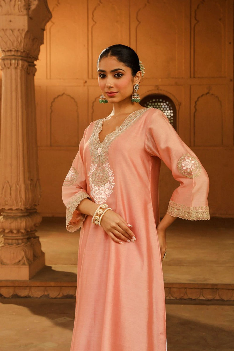 Sanvi A-line chauga with salwar-Off-Rose silk by SHEETAL BATRA in pink color for women in Singapore