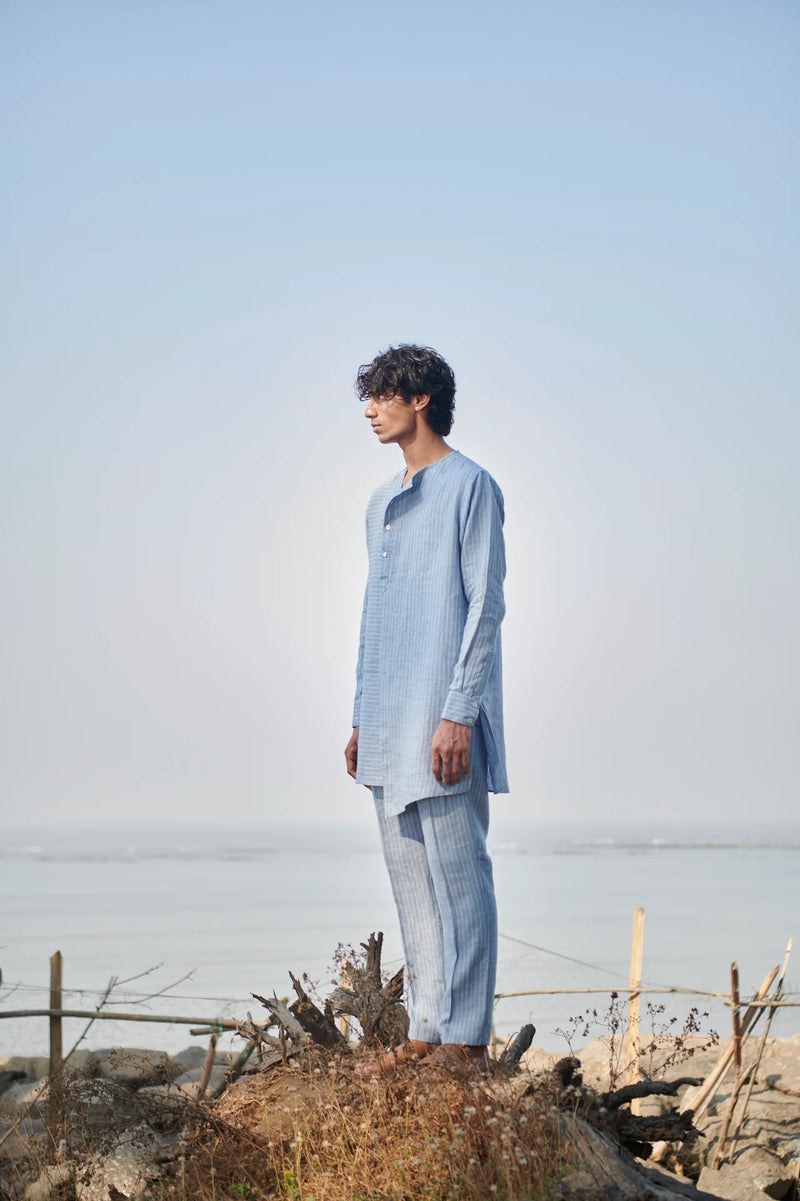 Sky Pinstripe Linen Side Open Kurta Set