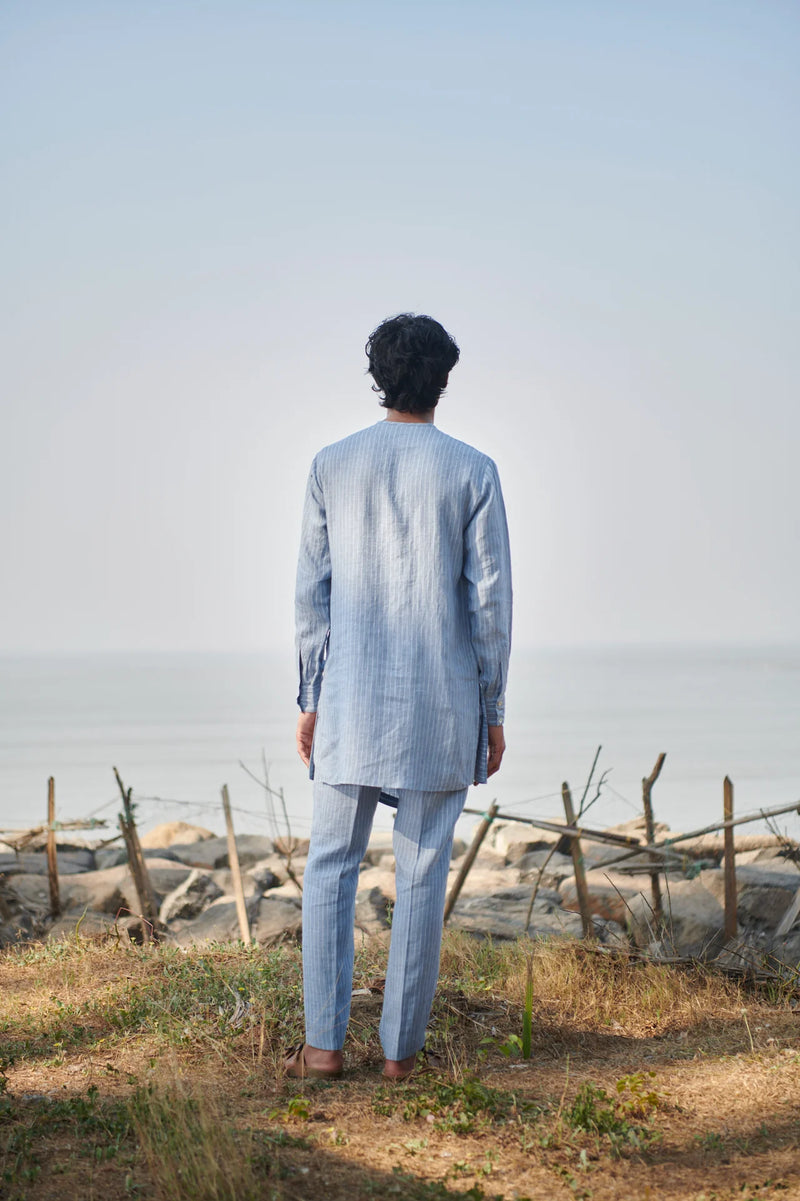Sky Pinstripe Linen Side Open Kurta Set