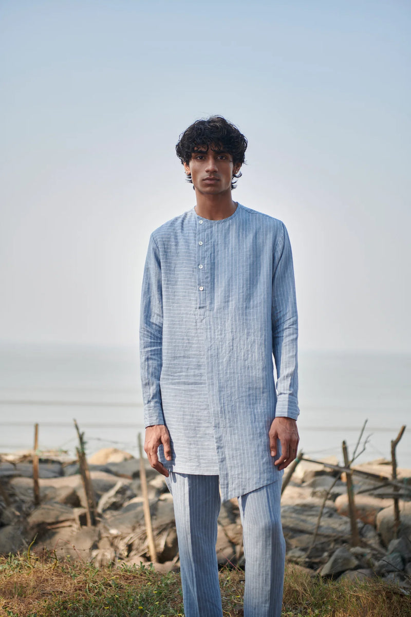 Sky Pinstripe Linen Side Open Kurta Set