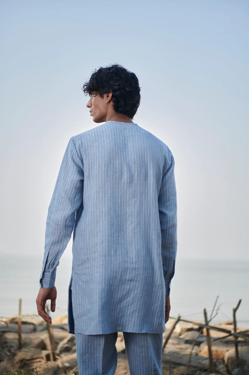 Sky Pinstripe Linen Side Open Kurta Set