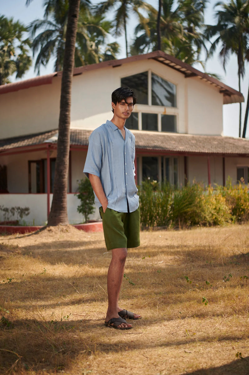 Sky Linen Men's Pleated Camp Collar Shirt