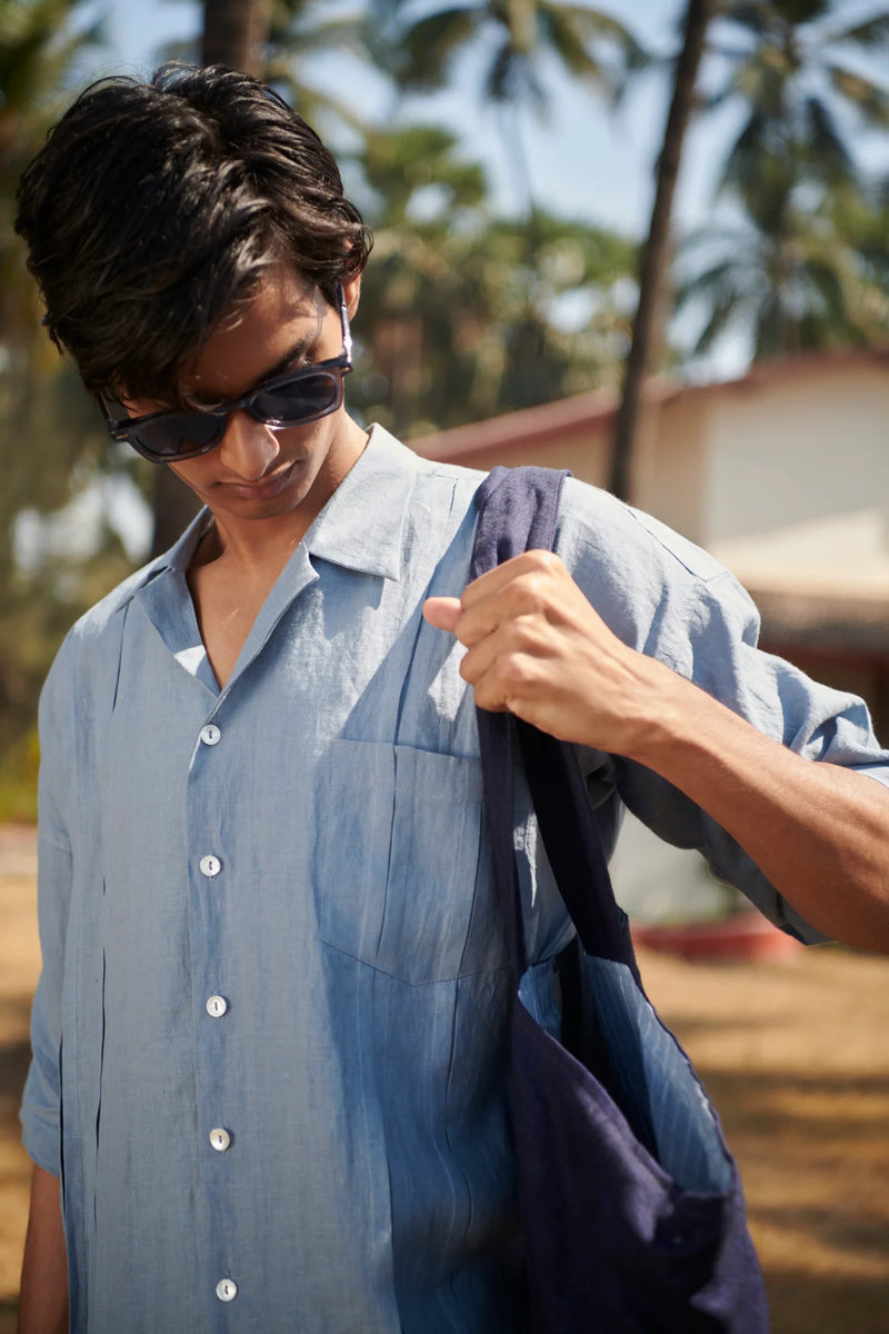 Sky Linen Men's Pleated Camp Collar Shirt