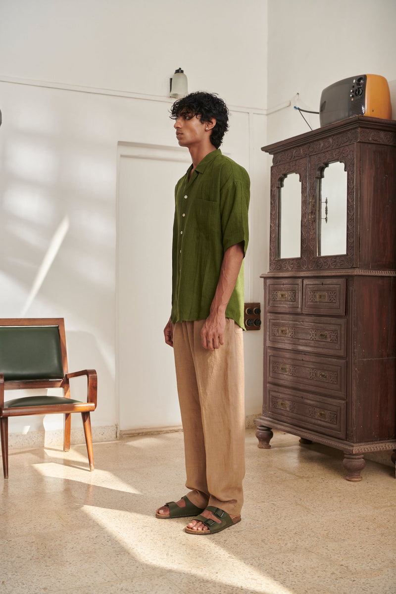 Safari Linen Men's Pleated Camp Collar Shirt