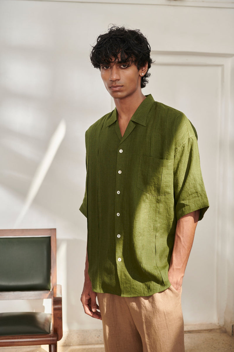 Safari Linen Men's Pleated Camp Collar Shirt