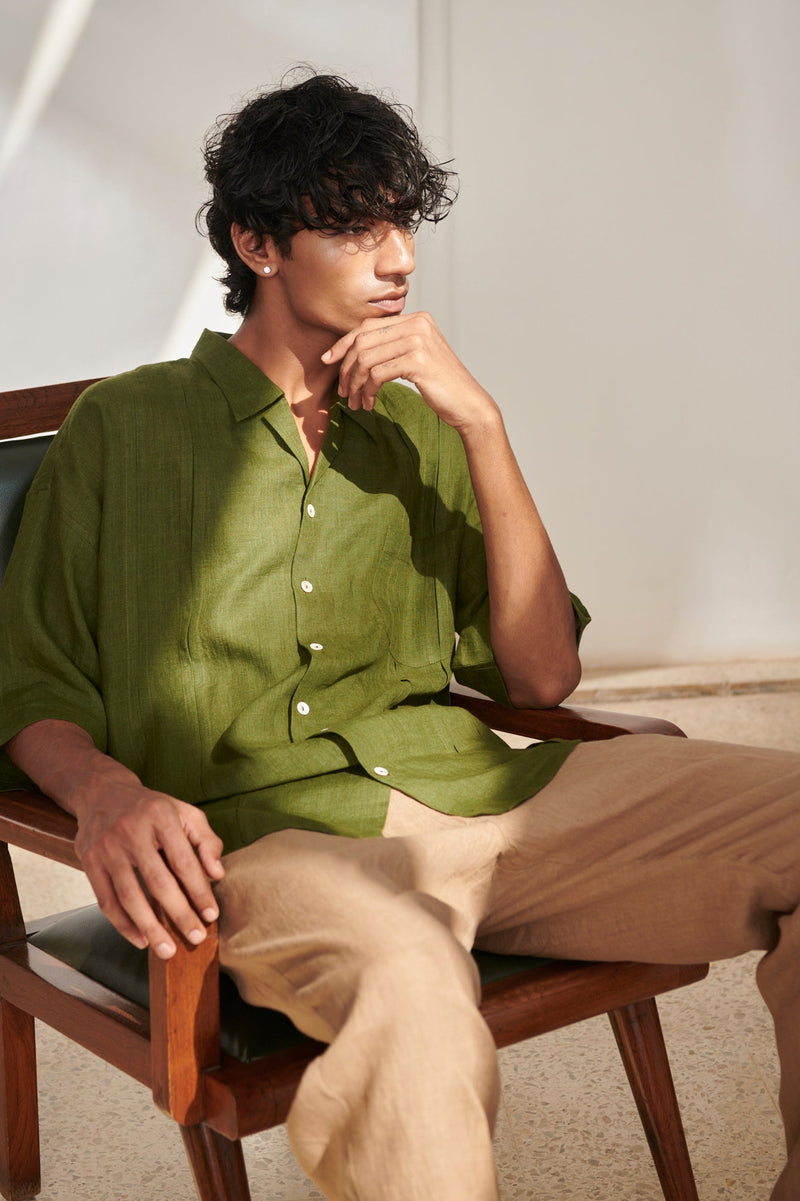 Safari Linen Men's Pleated Camp Collar Shirt
