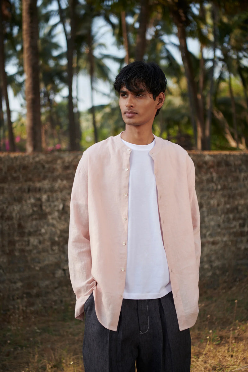 Blush Linen Men's Band Collar Shirt
