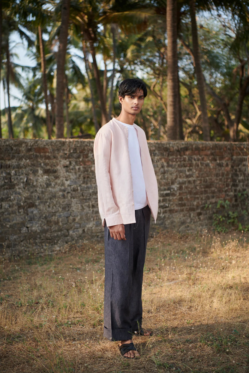 Blush Linen Men's Band Collar Shirt