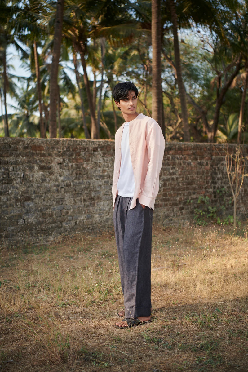 Blush Linen Men's Band Collar Shirt